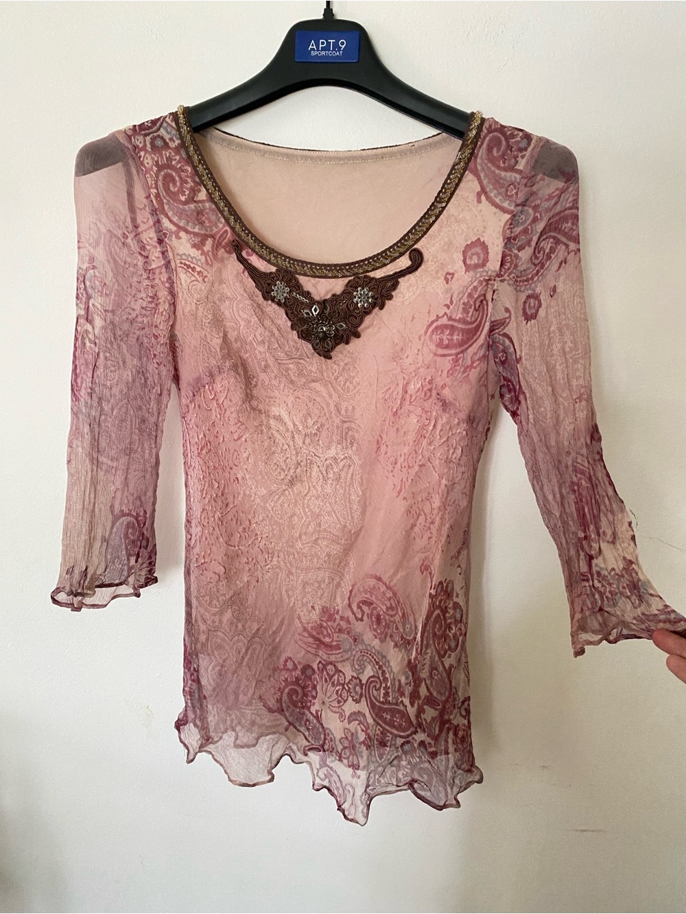 100%silk Blush Pink Paisley Sheer Embellished Scoop Neck Blouse